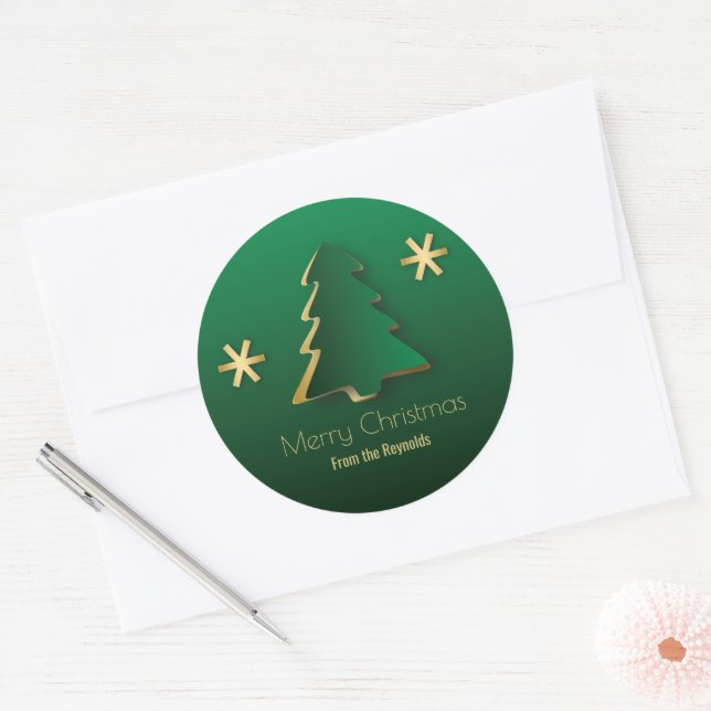 Classy Elegant Gold Green Christmas Tree Classic Round Sticker (Envelope)