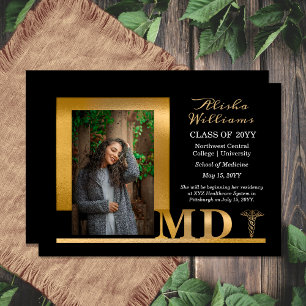 Classy Elegant Gold MD Caduceus 1 Photo Black Announcement