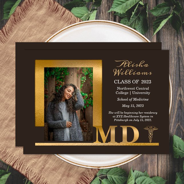 Classy Elegant Gold MD Caduceus 1 Photo Dk Brown Announcement (Creator Uploaded)