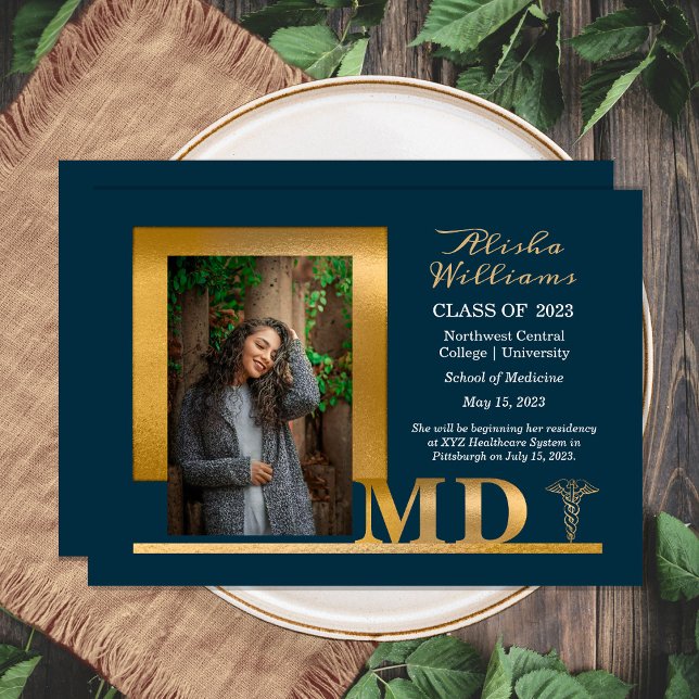 Classy Elegant Gold MD Caduceus 1 Photo Dk Teal Announcement (Creator Uploaded)
