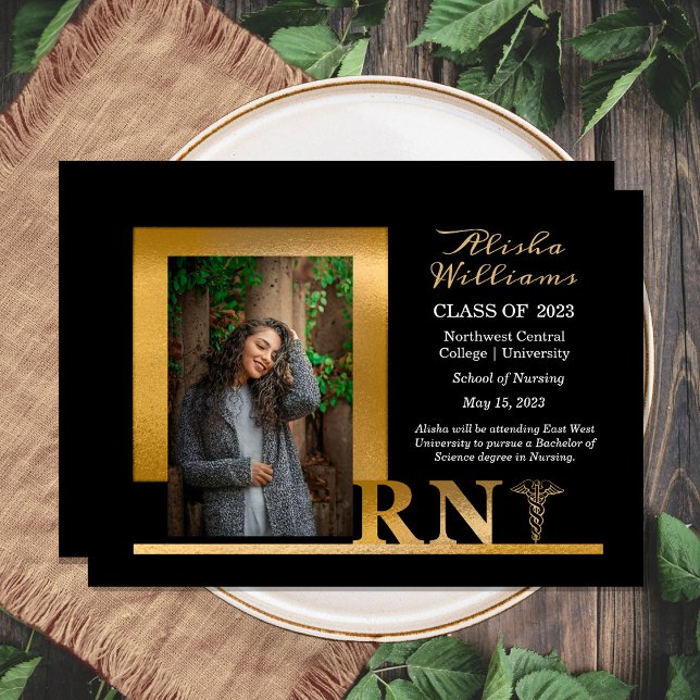 Classy Elegant Gold RN Caduceus 1 Photo Black  Announcement (Creator Uploaded)