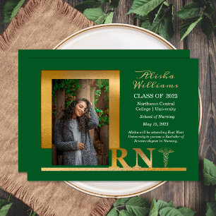Classy Elegant Gold RN Caduceus 1 Photo Dk Green Announcement