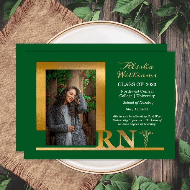 Classy Elegant Gold RN Caduceus 1 Photo Dk Green Announcement (Creator Uploaded)