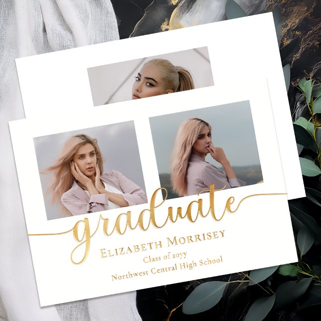 Classy Elegant Gold Script Text Graduate 3 Photo (Elegant Modern 3 Photo Script Text Graduation Gold Foil Announcement - White)