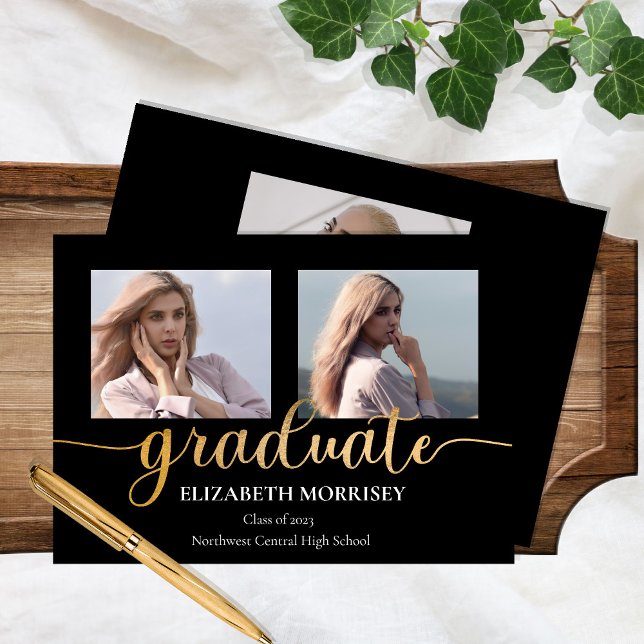 Classy Elegant Gold Script Text Graduate 3 Photo Announcement (Creator Uploaded)