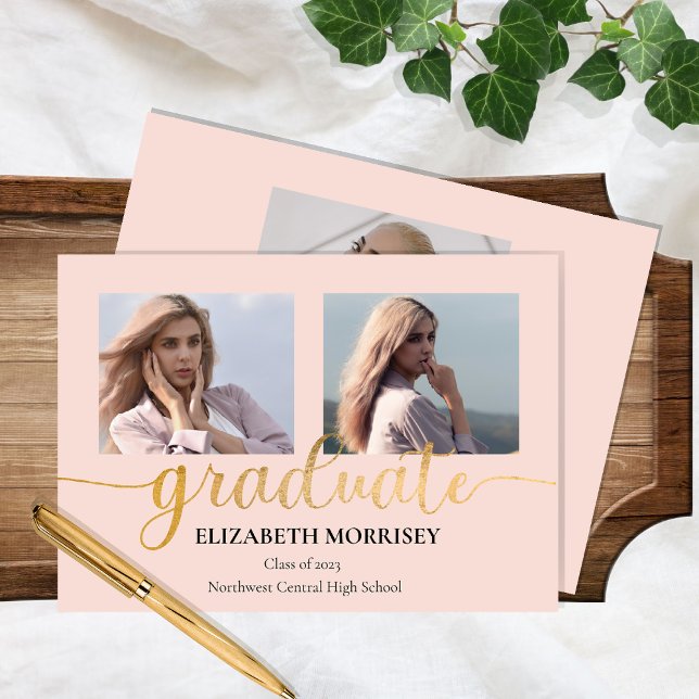 Classy Elegant Gold Script Text Graduate 3 Photo Announcement (Creator Uploaded)