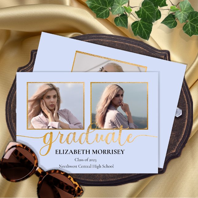 Classy Elegant Gold Script Text Graduate 3 Photo Announcement (Creator Uploaded)