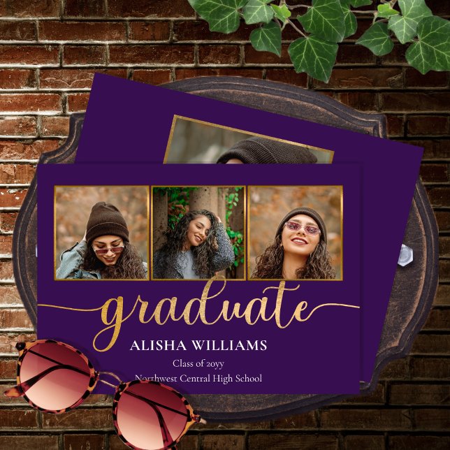 Classy Elegant Gold Script Text Graduate 4 Photo A Announcement (Classy and Elegant Purple and Gold Tone Script Text 4 Photo Collage Graduate Graduation Announcement)