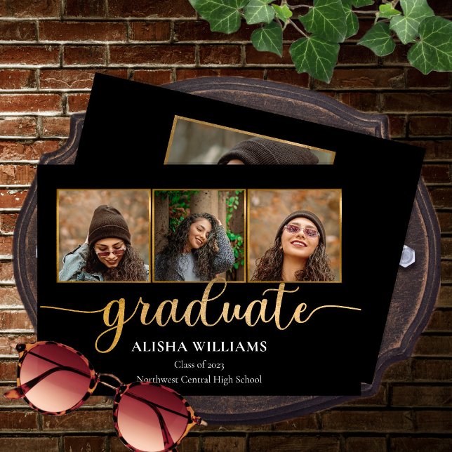Classy Elegant Gold Script Text Graduate 4 Photo  Announcement (Creator Uploaded)