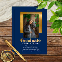 Classy Elegant Gold Text Graduate 1 Photo Blue