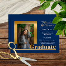 Classy Elegant Gold Text Graduate 1 Photo Blue