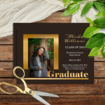 Classy Elegant Gold Text Graduate 1 Photo Brown