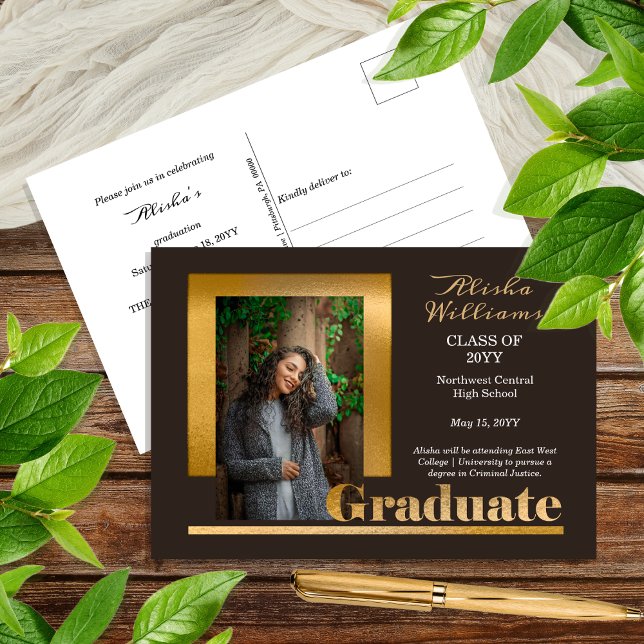 Classy Elegant Gold Text Graduate 1 Photo Brown Postcard (Classy Elegant Gold Tone Text  "Graduate" One Photo Brown Postcard Announcement)