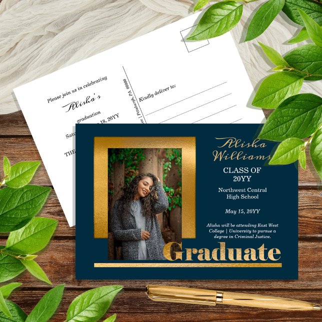 Classy Elegant Gold Text Graduate 1 Photo Dk Teal Postcard (Classy and Elegant Gold Tone Text "Graduate" One Photo Dark Teal Graduation Announcement Postcard)