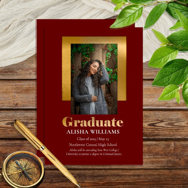 Classy Elegant Gold Text Graduate 1 Photo Maroon Announcement (Creator Uploaded)