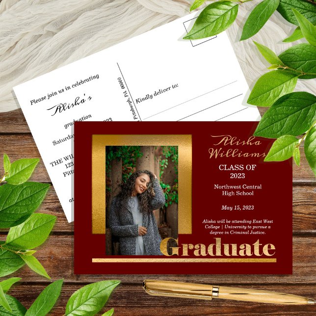 Classy Elegant Gold Text Graduate 1 Photo Maroon Postcard (Creator Uploaded)