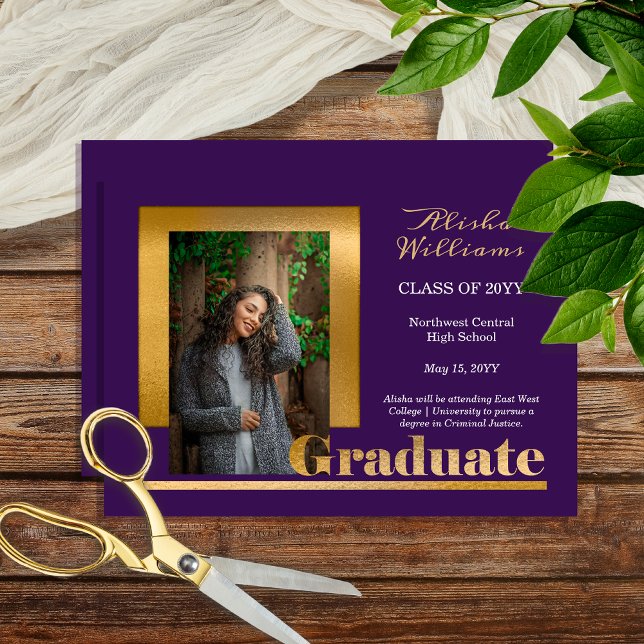 Classy Elegant Gold Text Graduate 1 Photo Purple Announcement (Classy Elegant Gold Tone Text "Graduate" One Photo Purple Graduation Announcement - Print | Download)
