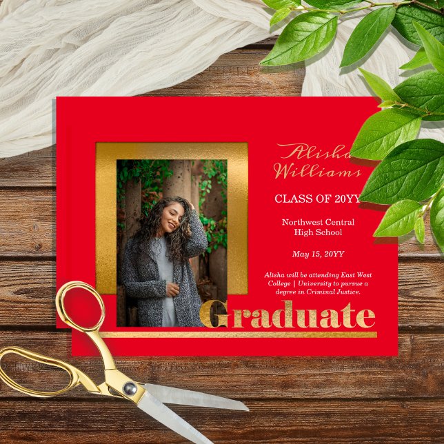 Classy Elegant Gold Text Graduate 1 Photo Red Announcement (Classy Elegant Gold Tone Text "Graduate" One Photo Red Graduation Announcement - Print | Download)