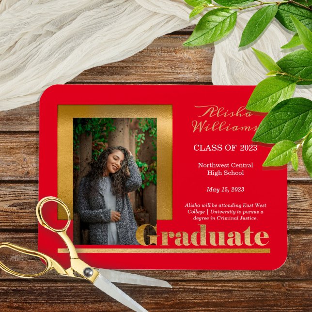 Classy Elegant Gold Text Graduate 1 Photo Red Magnet (Creator Uploaded)