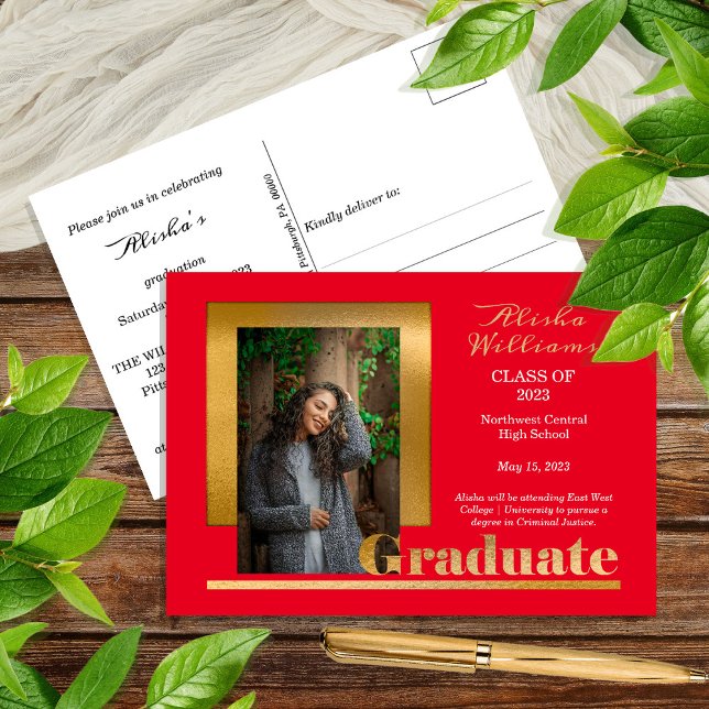 Classy Elegant Gold Text Graduate 1 Photo Red Postcard (Creator Uploaded)