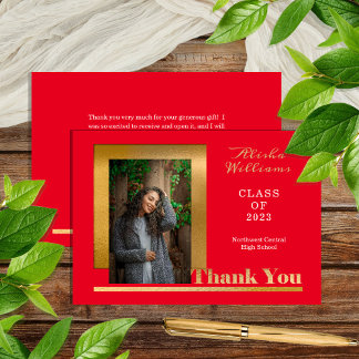 Classy Elegant Gold Text Graduate 1 Photo Red Thank You Card