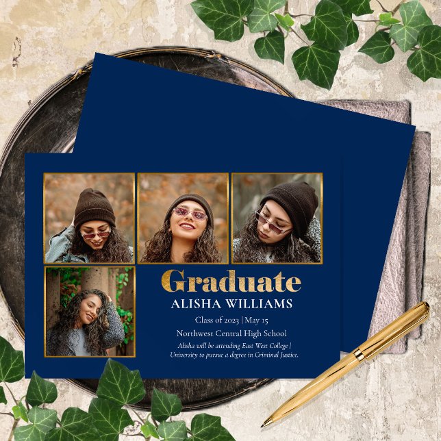 Classy Elegant Gold Text Graduate 4 Photo  Announc Announcement (Creator Uploaded)