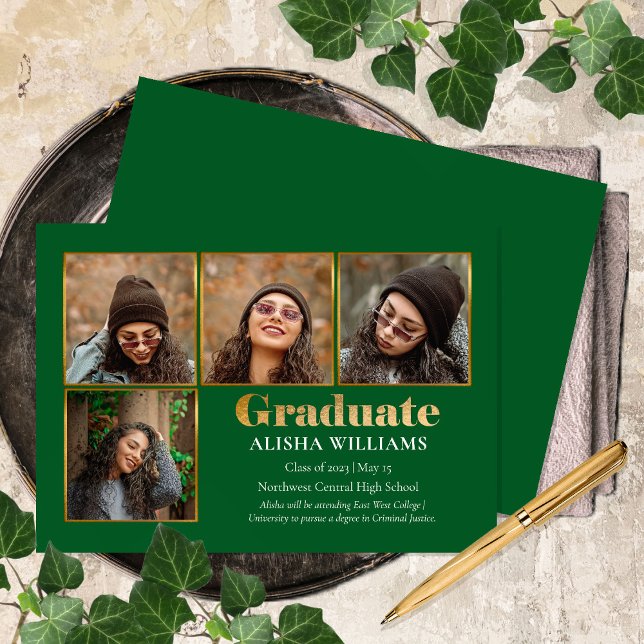 Classy Elegant Gold Text Graduate 4 Photo Announce Announcement (Creator Uploaded)