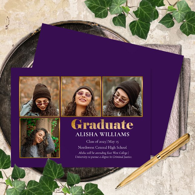 Classy Elegant Gold Text Graduate 4 Photo Announce Announcement (Creator Uploaded)