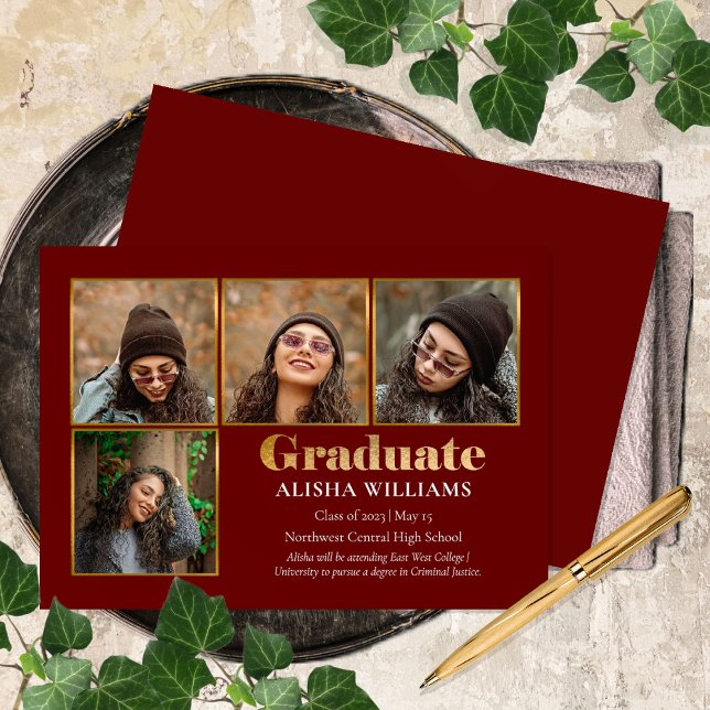 Classy Elegant Gold Text Graduate 4 Photo  Announcement (Creator Uploaded)