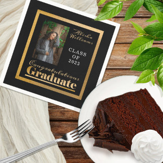 Classy Elegant Gold Text Graduate Photo Black Napkin