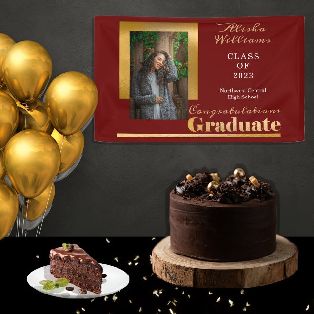 Classy Elegant Gold Text Graduate Photo Maroon Banner (Creator Uploaded)