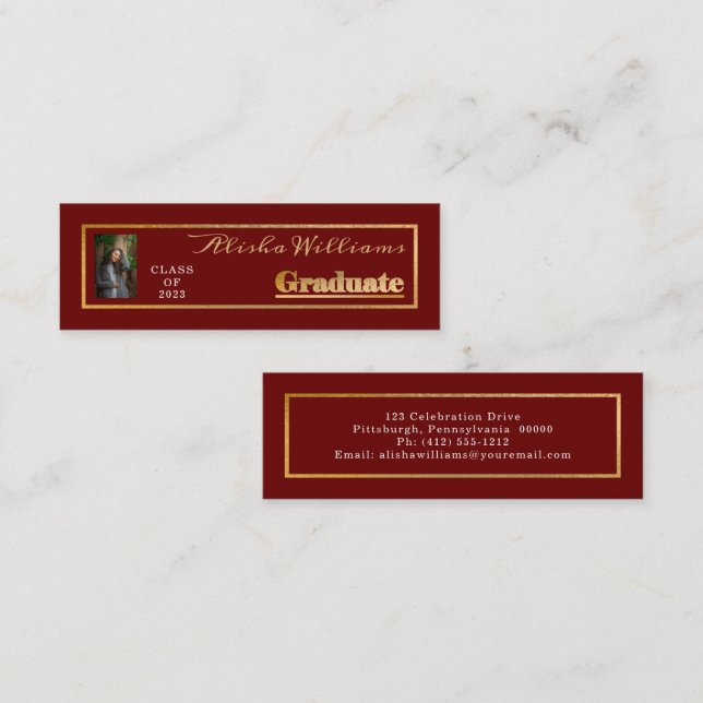 Classy Elegant Gold Text Graduate Photo Mini Business Card (Front/Back)