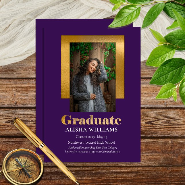 Classy Elegant Gold Text Graduate Photo Purple Announcement (Creator Uploaded)