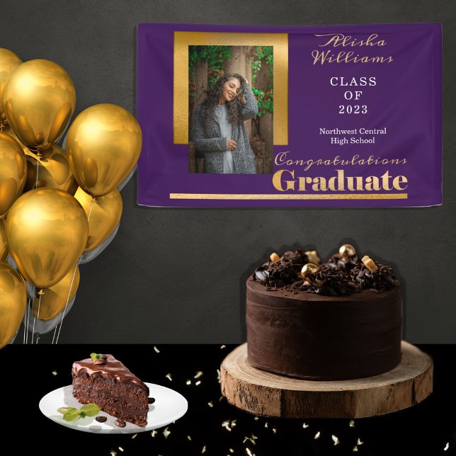 Classy Elegant Gold Text Graduate Photo Purple Banner (Creator Uploaded)