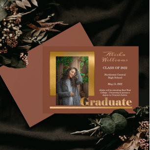 Classy Elegant Gold Text Graduate Photo Terracotta Announcement