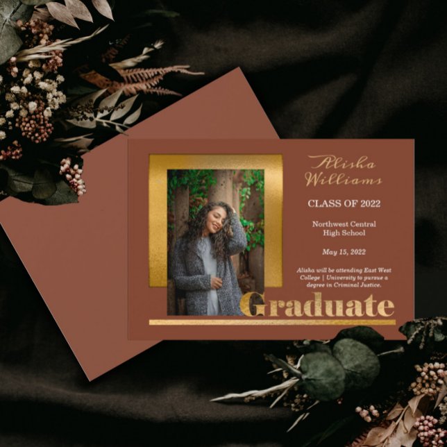 Classy Elegant Gold Text Graduate Photo Terracotta Announcement (Creator Uploaded)