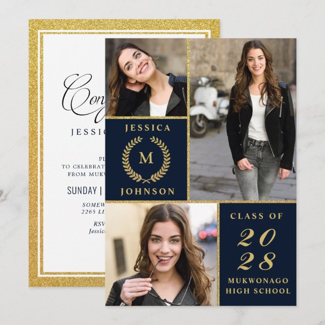 Classy Elegant Golden 3 PHOTO Graduation Party Invitation (Front/Back)