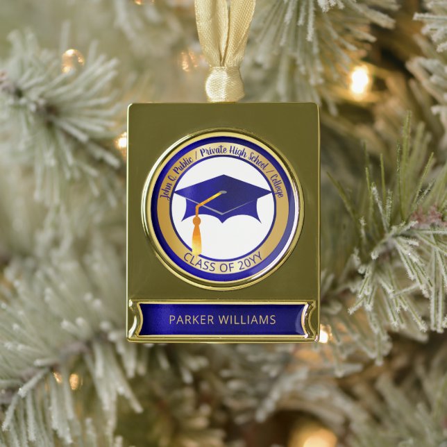 Classy Elegant Grad Cap School Graduate Graduation Gold Plated Banner Ornament (Tree)
