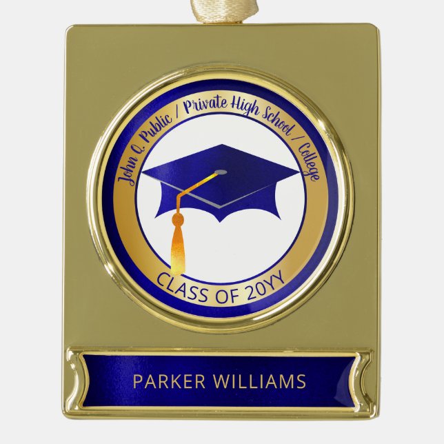 Classy Elegant Grad Cap School Graduate Graduation Gold Plated Banner Ornament (Front)