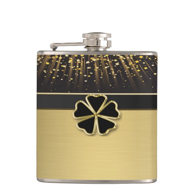 Classy Elegant Irish Shamrock ,Faux Gold Confetti Hip Flask (Front)
