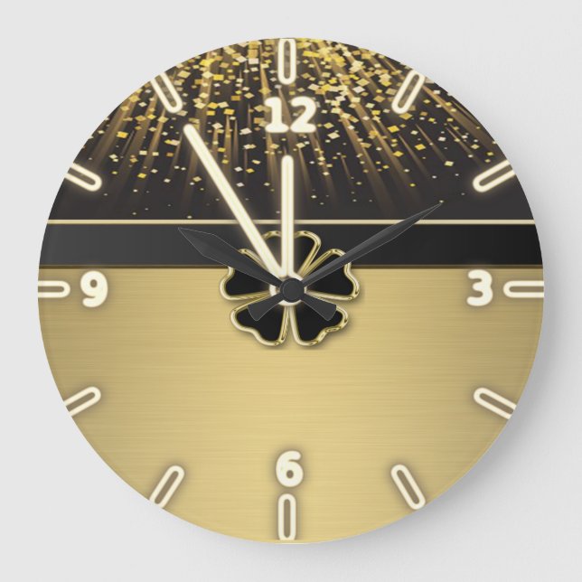 Classy Elegant Irish Shamrock ,Faux Gold Confetti Large Clock (Front)