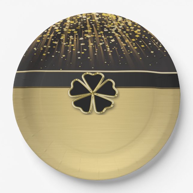Classy Elegant Irish Shamrock ,Faux Gold Confetti Paper Plate (Front)