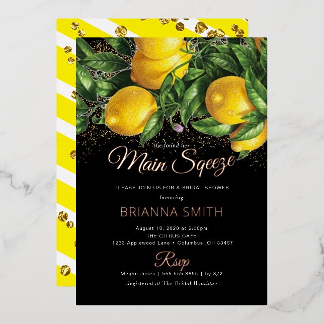 Classy Elegant Lemon Bridal Shower Real Foil Invit (Front/Back)
