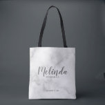 Classy Elegant Marble Personalised Bridesmaids Tote Bag<br><div class="desc">Classy Elegant Marble Modern Script Personalised Bridesmaids Tote Bag
featuring personalised bridesmaid's name in modern calligraphy font style with title and wedding date in modern sans serif font style on white marble background.

Also perfect for Maid of Honour,  Flower Girl,  Mother of the Bride and more.</div>