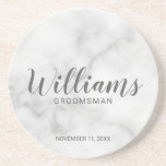 Classy Elegant Marble Personalised Groomsmen Coaster<br><div class="desc">Classy Elegant Marble Modern Script Personalised Groomsmen Coaster
featuring personalised groomsman's name in modern calligraphy font style with title and wedding date in modern sans serif font style on white marble background.

Also perfect for Maid of Honour,  Flower Girl,  Mother of the Bride,  Groomsmen,  Best man and more.</div>