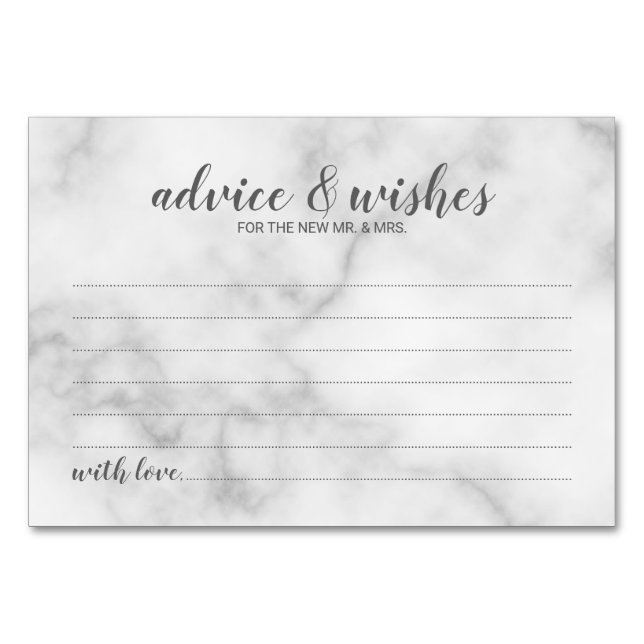 Classy Elegant Marble Wedding Advice and Wishes Table Number (Front)