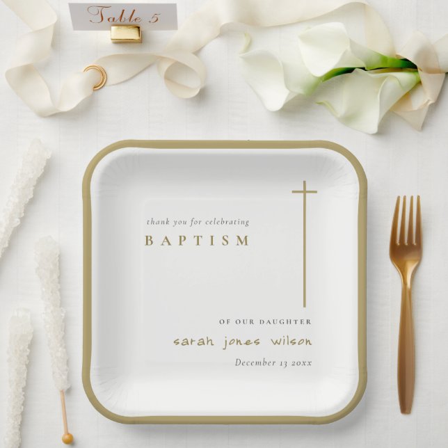 Classy Elegant Minimal Gold Typography Baptism Paper Plate (Wedding)