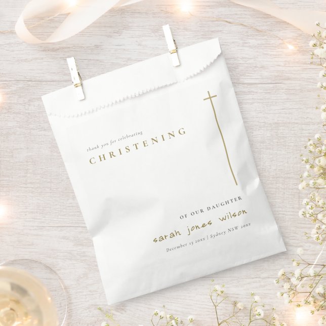 Classy Elegant Minimal Gold Typography Christening Favour Bag (Clipped)
