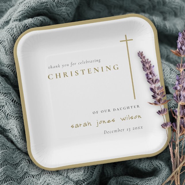 Classy Elegant Minimal Gold Typography Christening Paper Plate (Creator Uploaded)