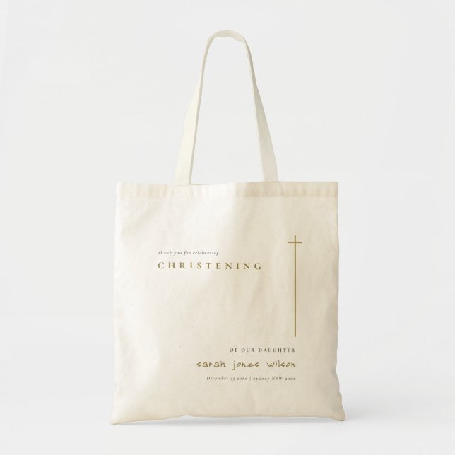 Classy Elegant Minimal Gold Typography Christening Tote Bag (Front)